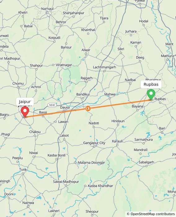 Route map showing distance and travel time from Rupbas, India to Jaipur, India