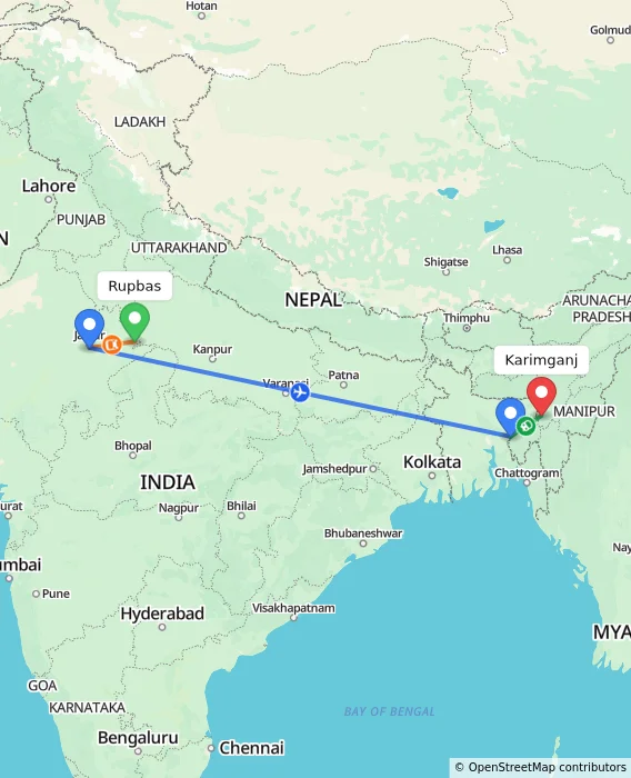 Route map showing distance and travel time from Rupbas, India to Karimganj, India
