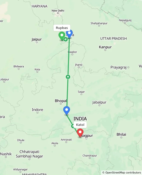 Route map showing distance and travel time from Rupbas, India to Katol, India
