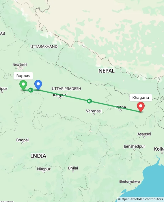 Route map showing distance and travel time from Rupbas, India to Khagaria, India