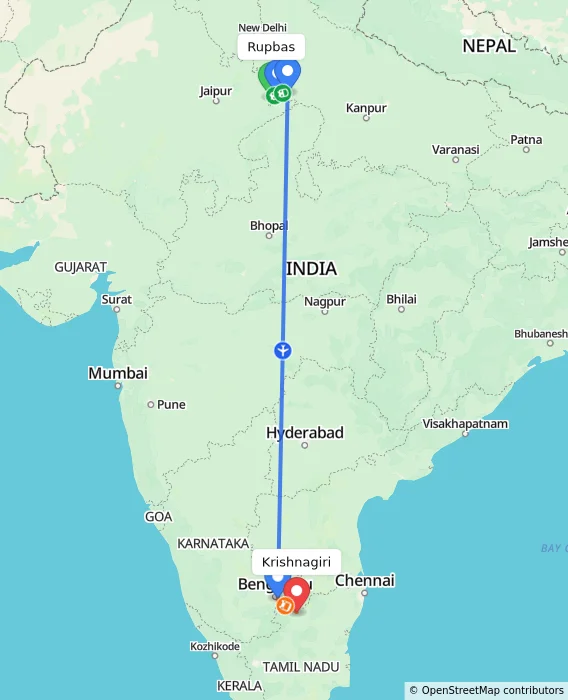 Route map showing distance and travel time from Rupbas, India to Krishnagiri, India
