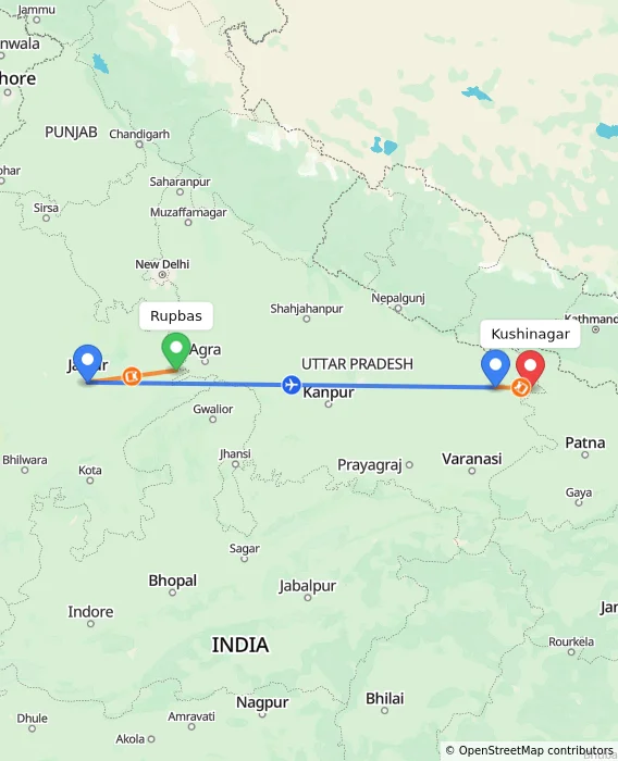 Route map showing distance and travel time from Rupbas, India to Kushinagar, India