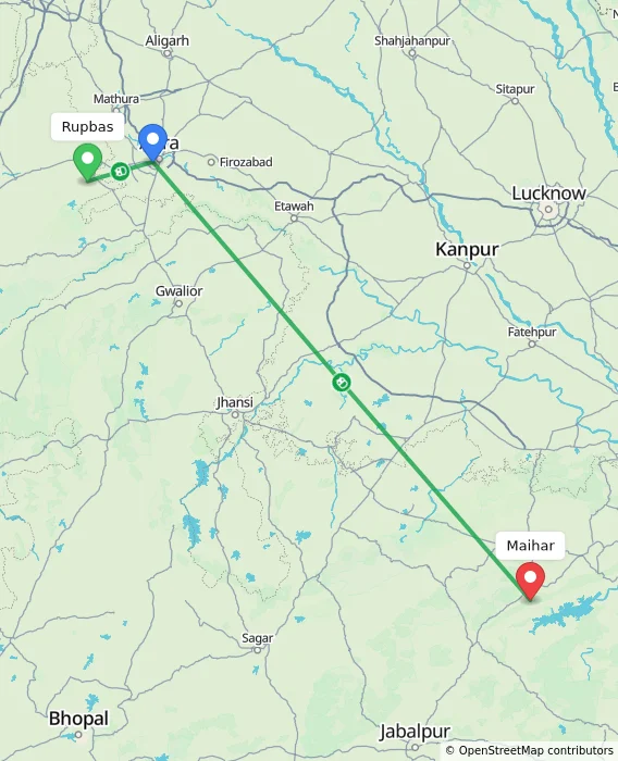 Route map showing distance and travel time from Rupbas, India to Maihar, India