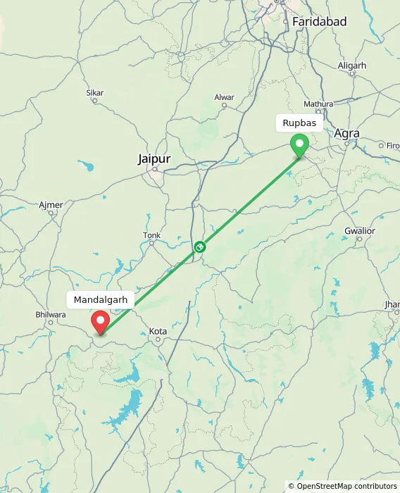 Route map showing distance and travel time from Rupbas, India to Mandalgarh, India