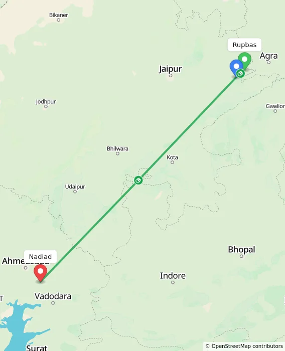 Route map showing distance and travel time from Rupbas, India to Nadiad, India
