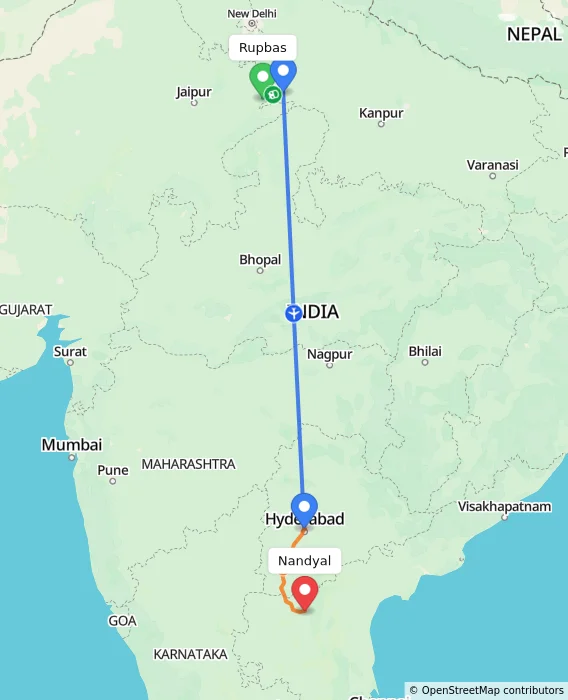 Route map showing distance and travel time from Rupbas, India to Nandyal, India