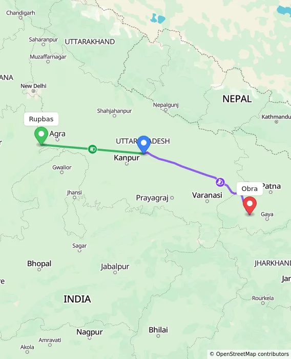 Route map showing distance and travel time from Rupbas, India to Obra, India