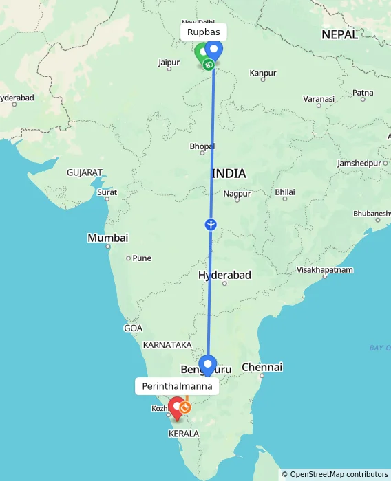 Route map showing distance and travel time from Rupbas, India to Perinthalmanna, India