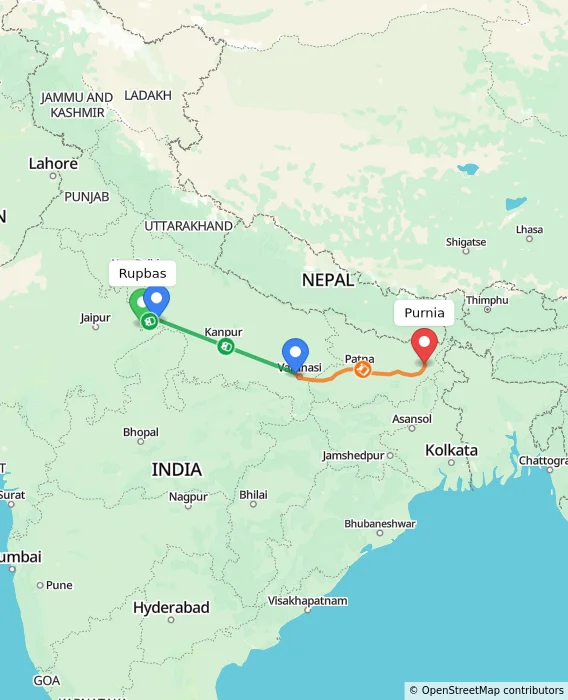 Route map showing distance and travel time from Rupbas, India to Purnia, India