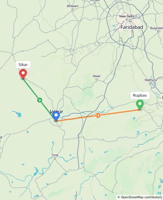 Route map showing distance and travel time from Rupbas, India to Sikar, India