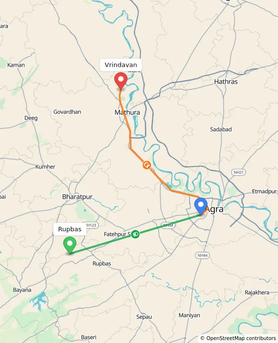 Route map showing distance and travel time from Rupbas, India to Vrindavan, India