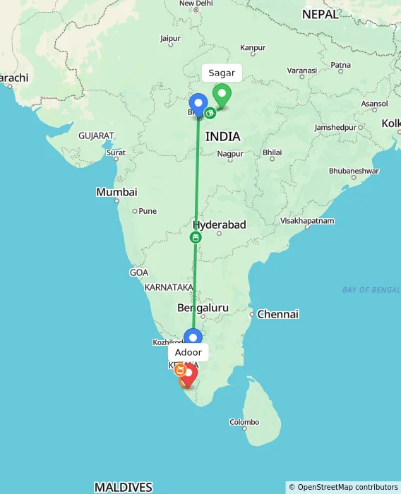 Route map showing distance and travel time from Sagar, India to Adoor, India