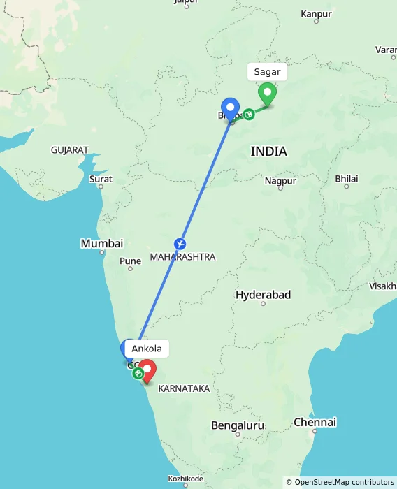 Route map showing distance and travel time from Sagar, India to Ankola, India