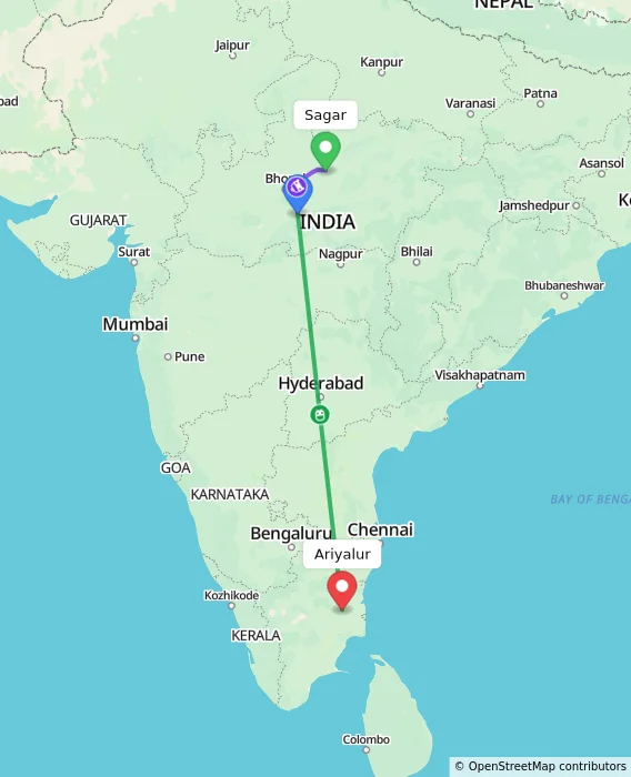 Route map showing distance and travel time from Sagar, India to Ariyalur, India
