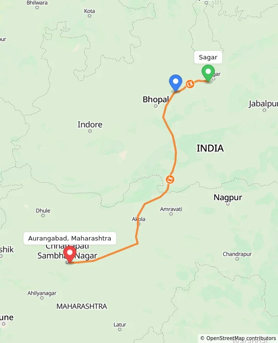 Route map showing distance and travel time from Sagar, India to Aurangabad, Maharashtra, India