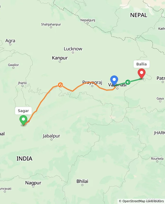 Route map showing distance and travel time from Sagar, India to Ballia, India
