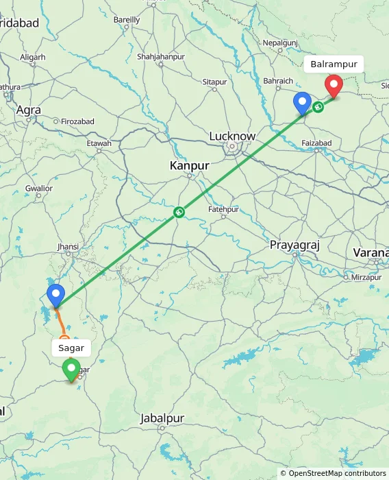 Route map showing distance and travel time from Sagar, India to Balrampur, India