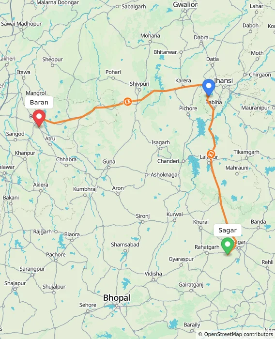 Route map showing distance and travel time from Sagar, India to Baran, India