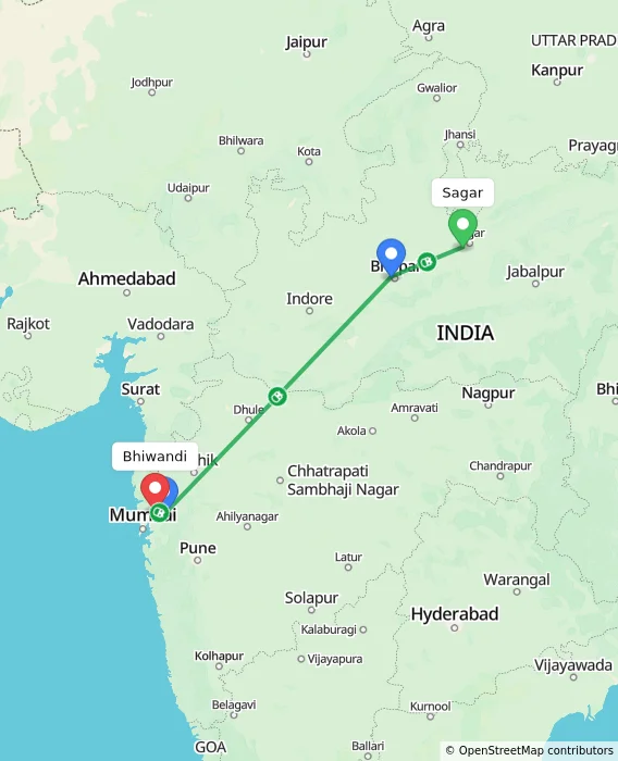 Route map showing distance and travel time from Sagar, India to Bhiwandi, India