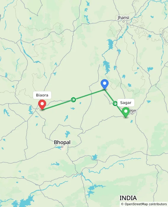 Route map showing distance and travel time from Sagar, India to Biaora, India