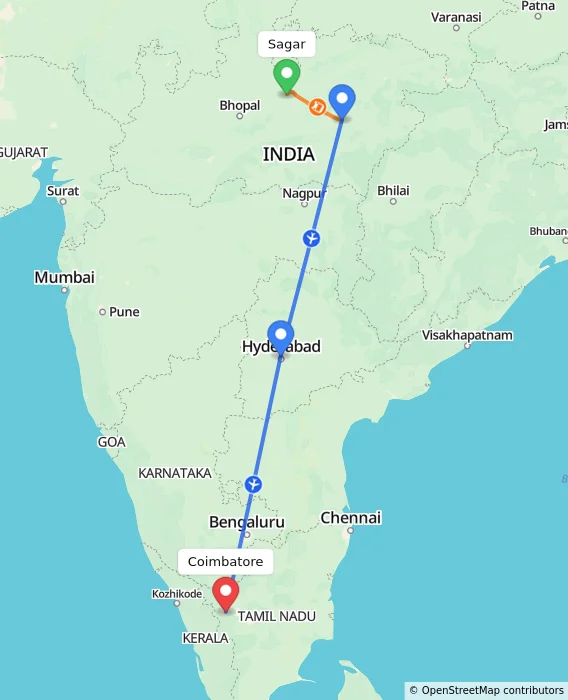 Route map showing distance and travel time from Sagar, India to Coimbatore, India