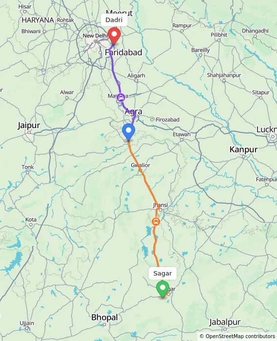 Route map showing distance and travel time from Sagar, India to Dadri, India