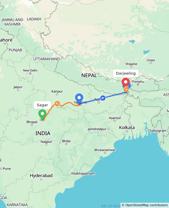 Route map showing distance and travel time from Sagar, India to Darjeeling, India