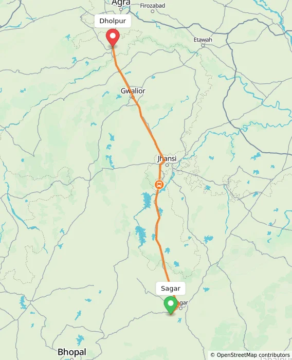 Route map showing distance and travel time from Sagar, India to Dholpur, India