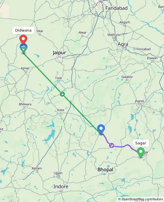 Route map showing distance and travel time from Sagar, India to Didwana, India