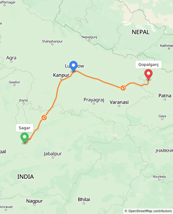 Route map showing distance and travel time from Sagar, India to Gopalganj, India