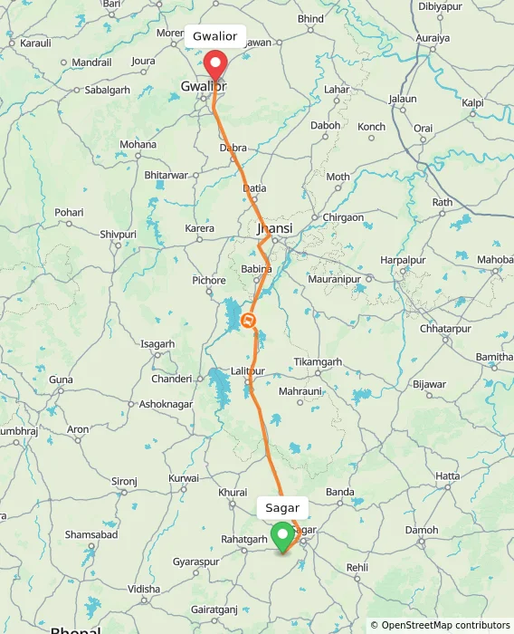 Route map showing distance and travel time from Sagar, India to Gwalior, India