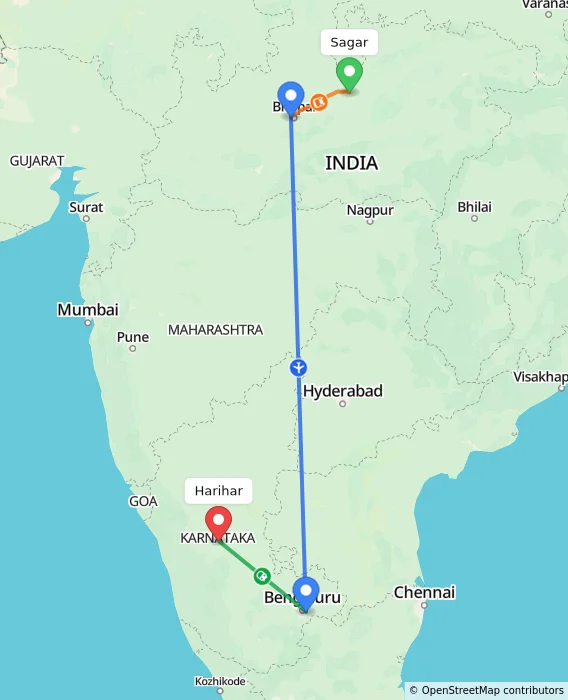 Route map showing distance and travel time from Sagar, India to Harihar, India