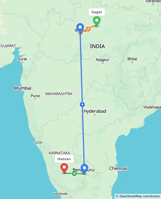 Route map showing distance and travel time from Sagar, India to Hassan, India
