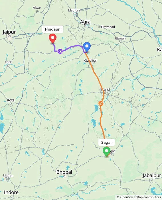 Route map showing distance and travel time from Sagar, India to Hindaun, India