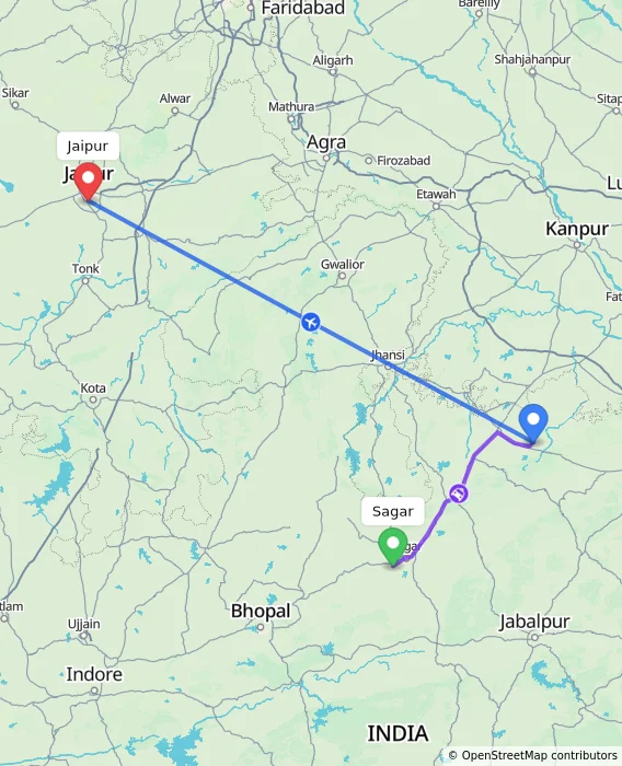Route map showing distance and travel time from Sagar, India to Jaipur, India