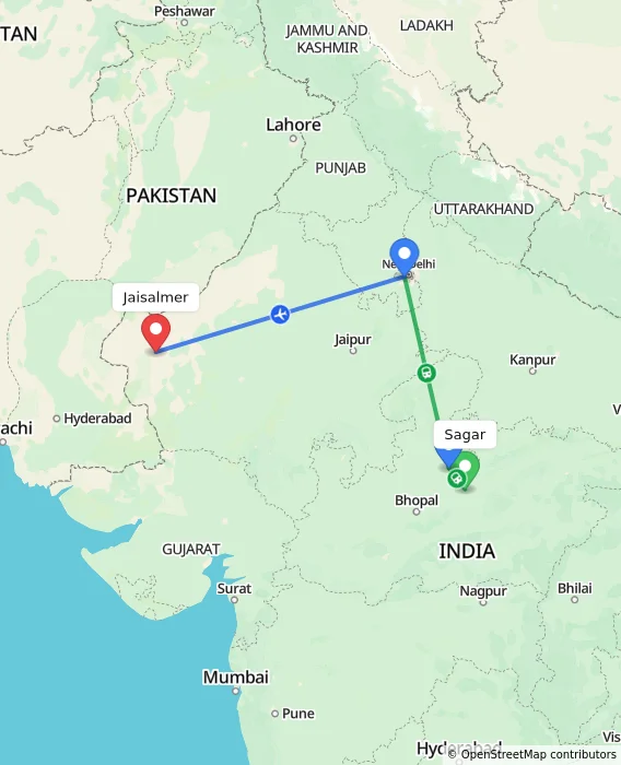 Route map showing distance and travel time from Sagar, India to Jaisalmer, India