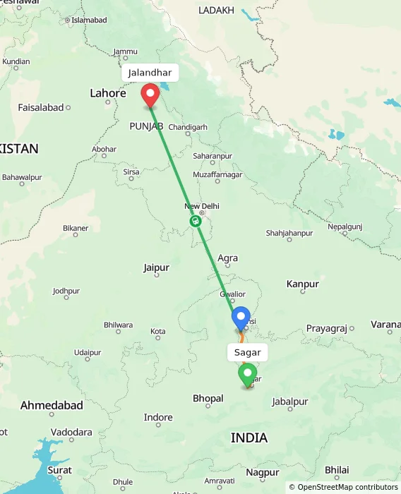 Route map showing distance and travel time from Sagar, India to Jalandhar, India