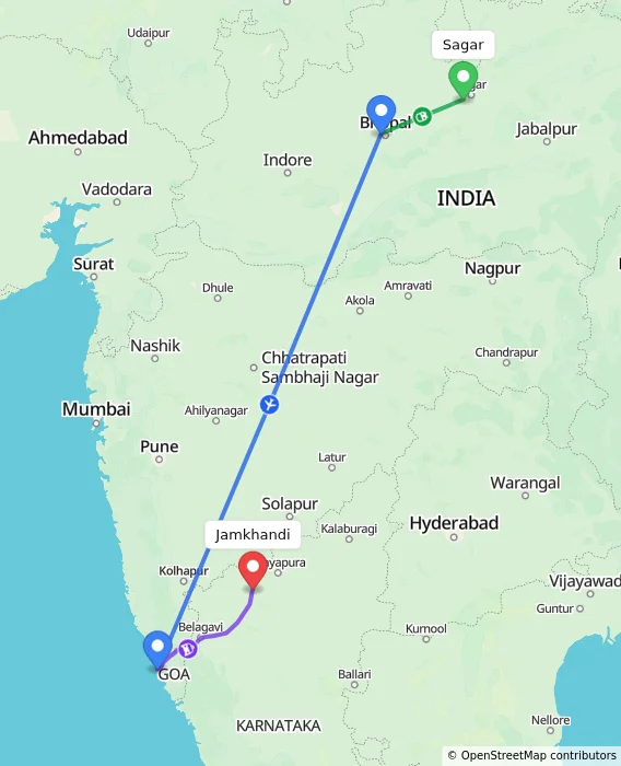 Route map showing distance and travel time from Sagar, India to Jamkhandi, India
