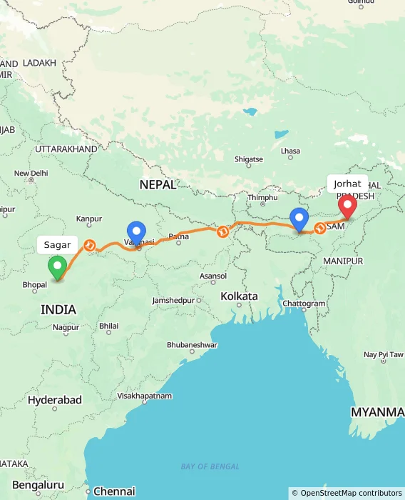 Route map showing distance and travel time from Sagar, India to Jorhat, India