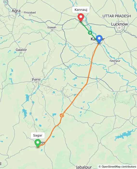 Route map showing distance and travel time from Sagar, India to Kannauj, India