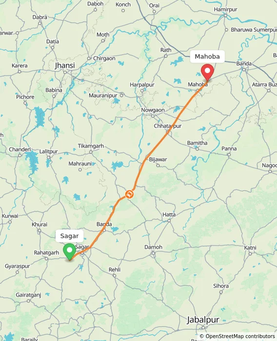 Route map showing distance and travel time from Sagar, India to Mahoba, India