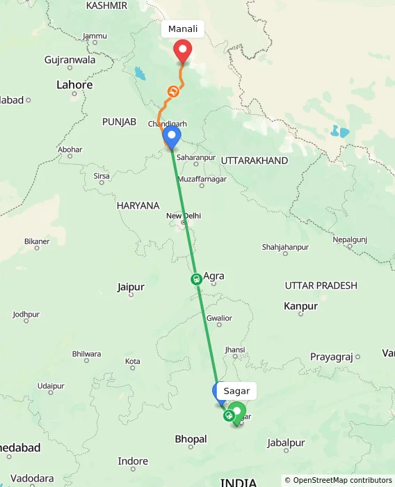 Route map showing distance and travel time from Sagar, India to Manali, India