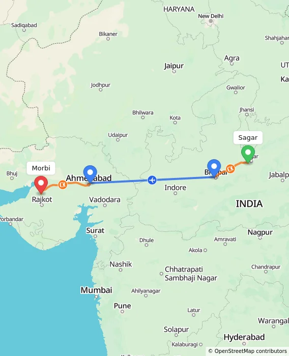 Route map showing distance and travel time from Sagar, India to Morbi, India