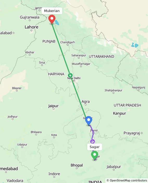 Route map showing distance and travel time from Sagar, India to Mukerian, India
