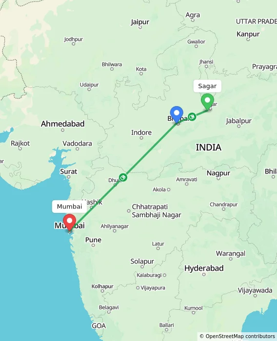 Route map showing distance and travel time from Sagar, India to Mumbai, India