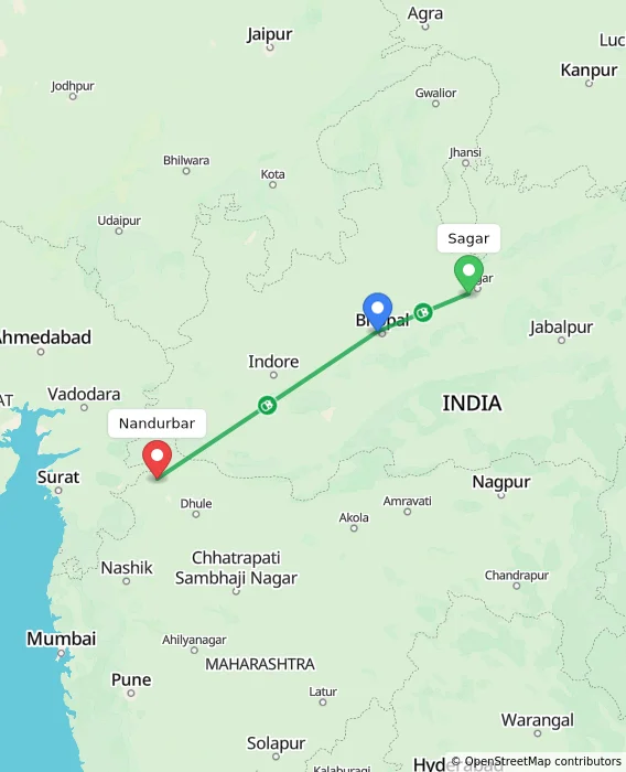 Route map showing distance and travel time from Sagar, India to Nandurbar, India