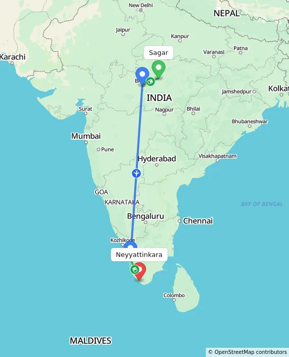 Route map showing distance and travel time from Sagar, India to Neyyattinkara, India