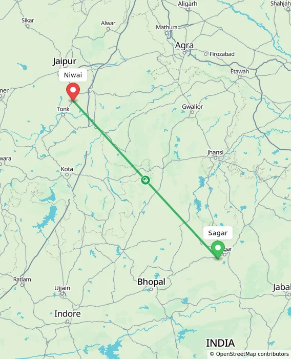 Route map showing distance and travel time from Sagar, India to Niwai, India