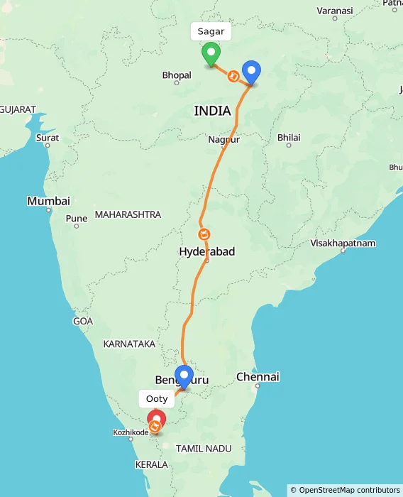 Route map showing distance and travel time from Sagar, India to Ooty, India