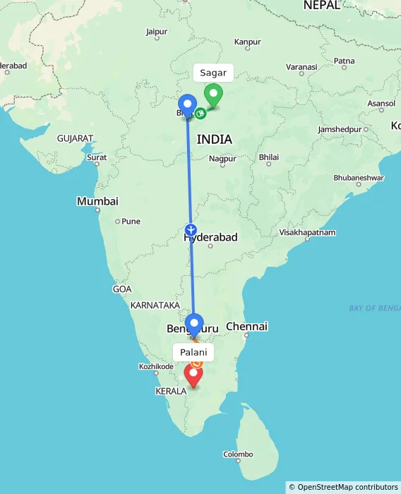 Route map showing distance and travel time from Sagar, India to Palani, India